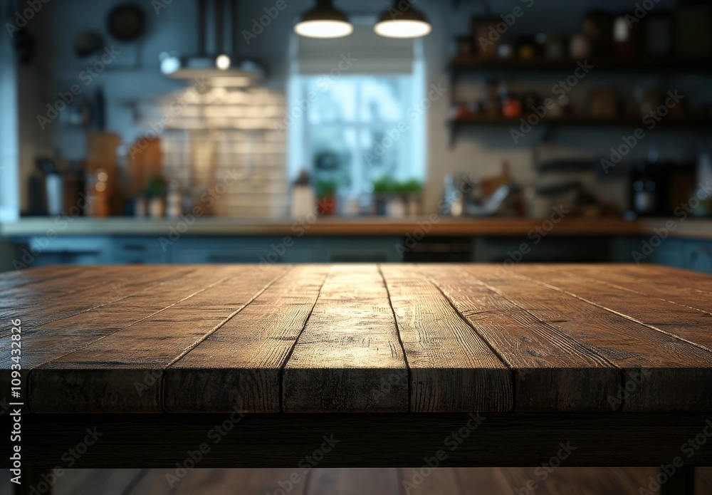 Rustic Wooden Table in a Warmly Lit Kitchen with Soft Focus Background of Shelves and Decorative Items for Cozy Cooking Atmosphere Rustic Wooden Table in a Warmly Lit Kitchen with Soft Focus Background of Shelves and Decorative Items for Cozy Cooking Atmosphere