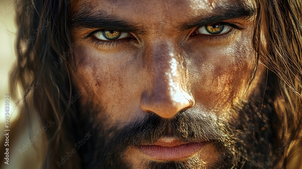 Jesus Christ face with long hair and beard. 3D illustration. Jesus Christ face with long hair and beard. 3D illustration.