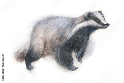 Watercolor realistic illustration of European badger on white background