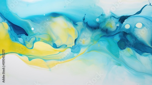 Mesmerizing fluid painting swirls in aqua blues and yellows, capturing the essence of movement and expression in abstract art.