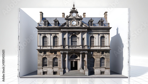 A highly detailed 3D illustration of the front facade of a historic old town hall building