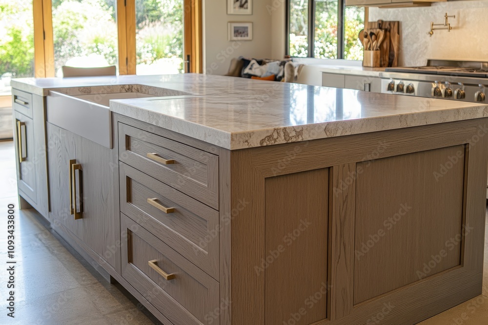 Galley Island Kitchen with Parallel Accordion Fold Doors - Modern kitchen island, sleek design, marble countertop, wood cabinetry, parallel accordion doors. Galley Island Kitchen with Parallel Accordion Fold Doors - Modern kitchen island, sleek design, marble countertop, wood cabinetry, parallel accordion doors.