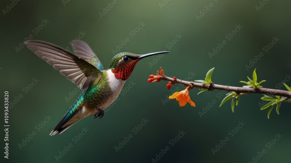 Fototapeta premium Ruby-throated hummingbird in flight approaching orange flower.