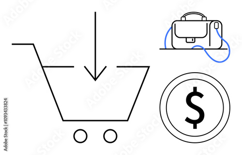 Shopping cart with downward arrow, briefcase, and dollar symbol. Ideal for e-commerce, online shopping, business transactions, retail marketing, financial advice, economic presentations, consumer