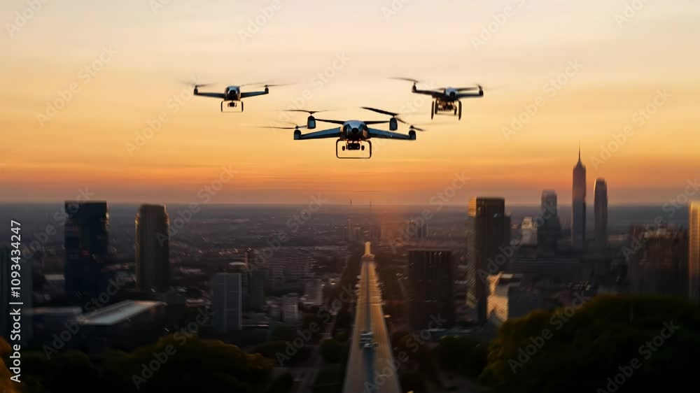 4K Drone Formation Over Modern City at Sunset - Futuristic Cinematic Visuals 4K Drone Formation Over Modern City at Sunset - Futuristic Cinematic Visuals