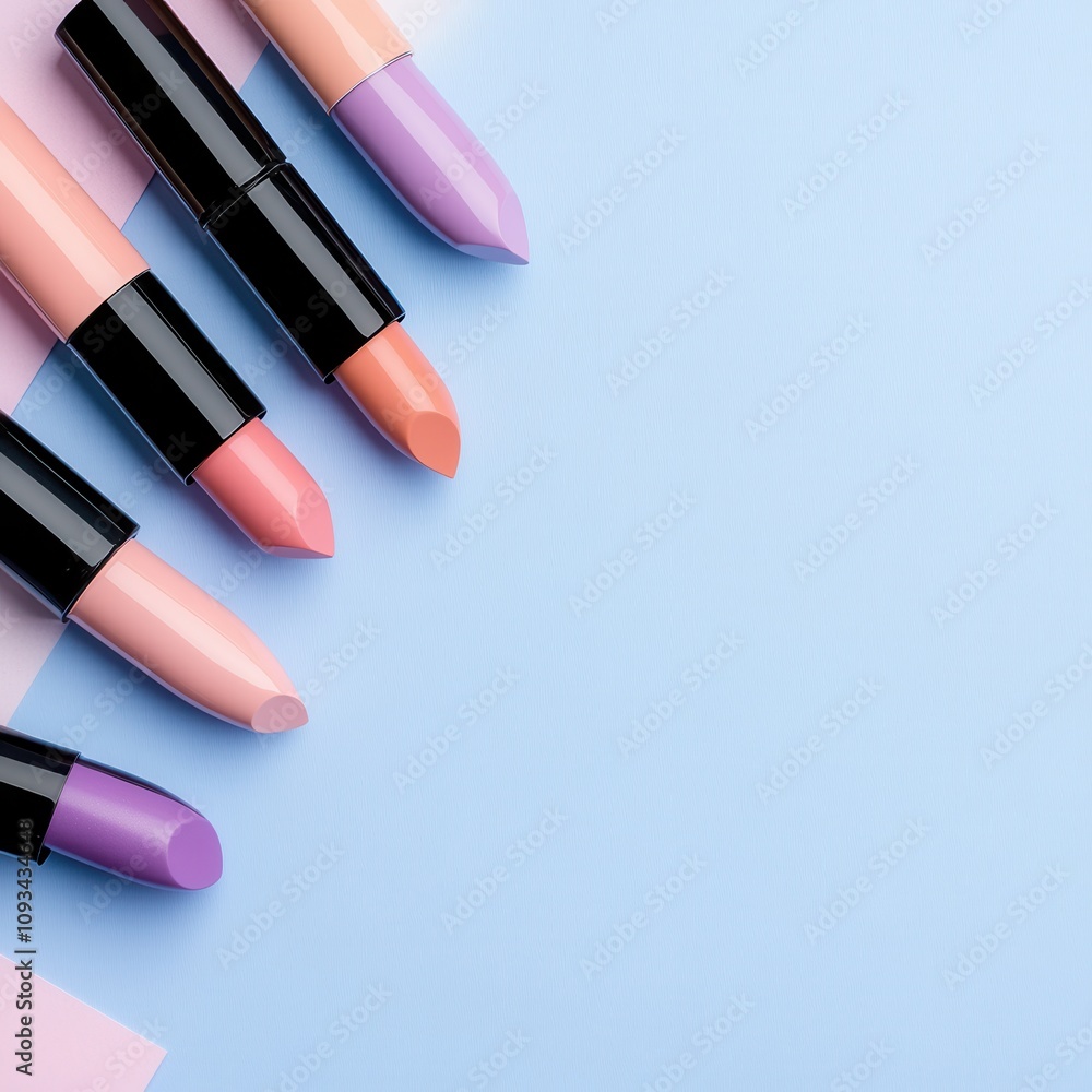 Elegant Flat Lay of Assorted Lipsticks in Playful Colors on a Soft Blue Background for Beauty and Makeup Inspiration Elegant Flat Lay of Assorted Lipsticks in Playful Colors on a Soft Blue Background for Beauty and Makeup Inspiration