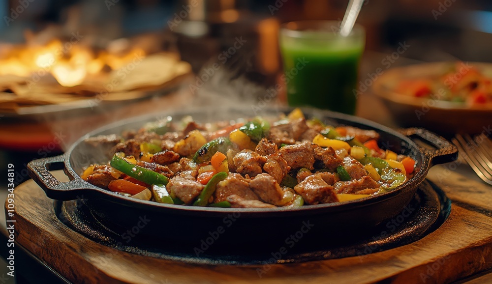 Sizzling Plate of Colorful Fajitas with Juicy Meat and Vibrant Vegetables Steaming on a Wooden Board in a Cozy Restaurant Setting Sizzling Plate of Colorful Fajitas with Juicy Meat and Vibrant Vegetables Steaming on a Wooden Board in a Cozy Restaurant Setting