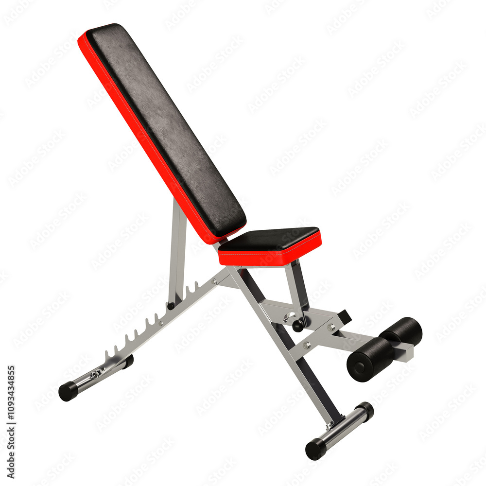 A red and black bench with a black leather cushion A red and black bench with a black leather cushion
