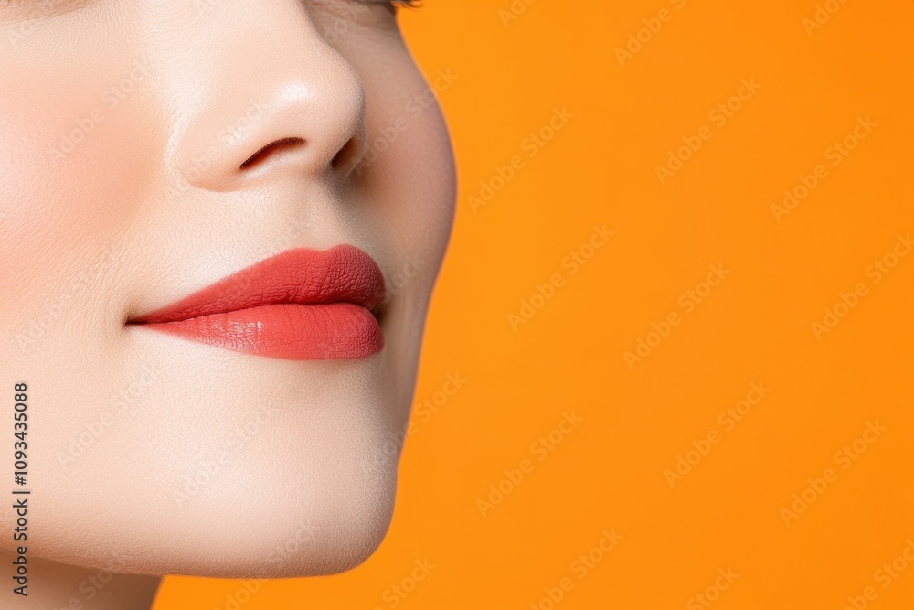 Vibrant Portrait of a Woman Showcasing Perfectly Shaped and Elegant Lips Against a Bright Orange Background for Fashion and Beauty Themes Vibrant Portrait of a Woman Showcasing Perfectly Shaped and Elegant Lips Against a Bright Orange Background for Fashion and Beauty Themes