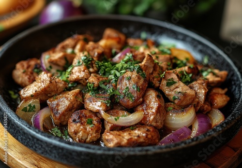 Succulent Meat Dish with Fresh Herbs and Spices Served in a Traditional Black Bowl on a Rustic Wooden Table Surrounded by Fresh Ingredients and Greenery