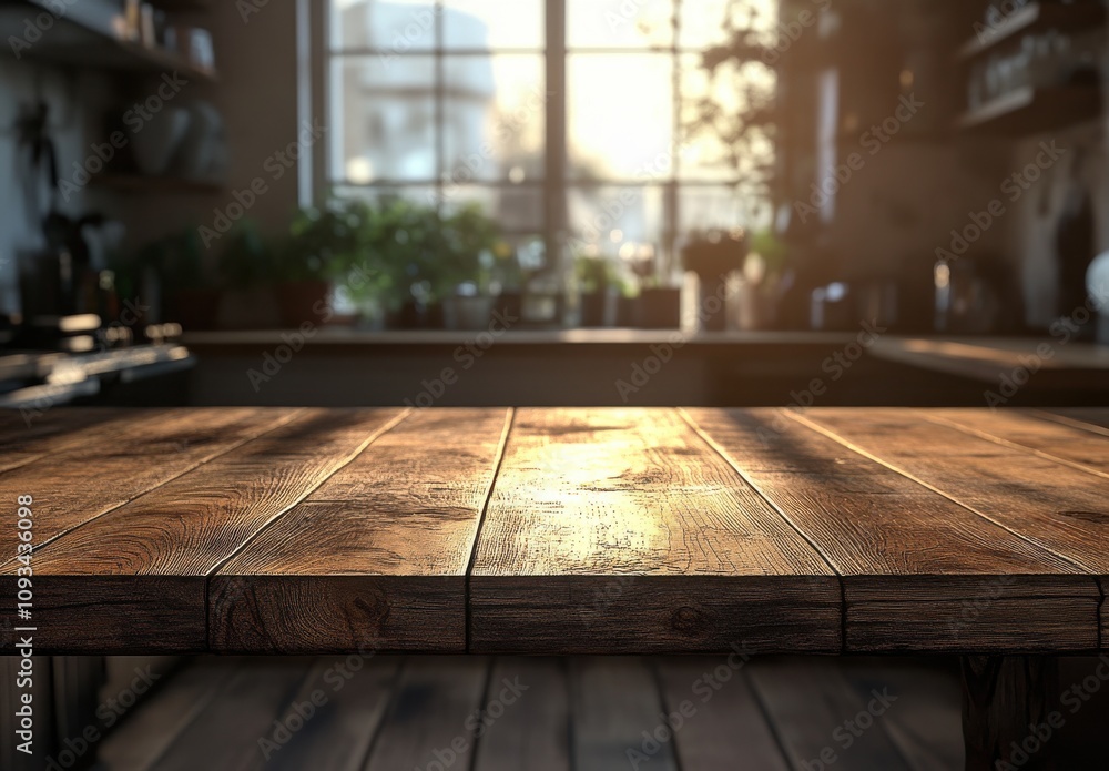 Sunlit Wooden Table with Natural Textures in Cozy Kitchen Setting, Emphasizing Warmth and Comfort, Perfect for Lifestyle and Interior Design Imagery Sunlit Wooden Table with Natural Textures in Cozy Kitchen Setting, Emphasizing Warmth and Comfort, Perfect for Lifestyle and Interior Design Imagery