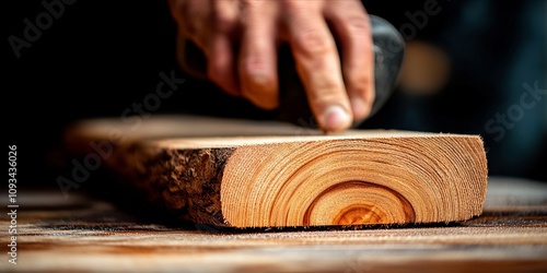 A person using a chisel to cut a piece of wood photo