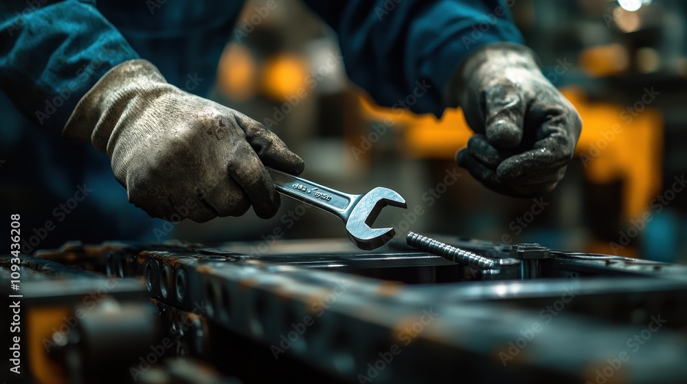A mechanic using a wrench to work on machinery in an industrial setting. A mechanic using a wrench to work on machinery in an industrial setting.