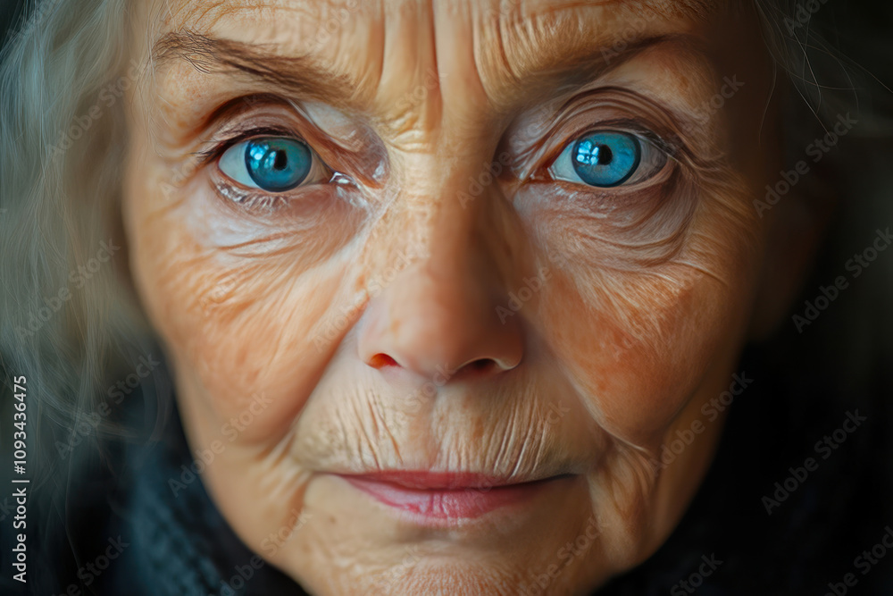 A close-up of an elderly woman's face with bright blue eyes. A close-up of an elderly woman's face with bright blue eyes.