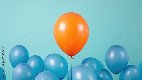 Wallpaper Mural A vibrant orange balloon stands out among a cluster of blue balloons against a soft turquoise background. Torontodigital.ca