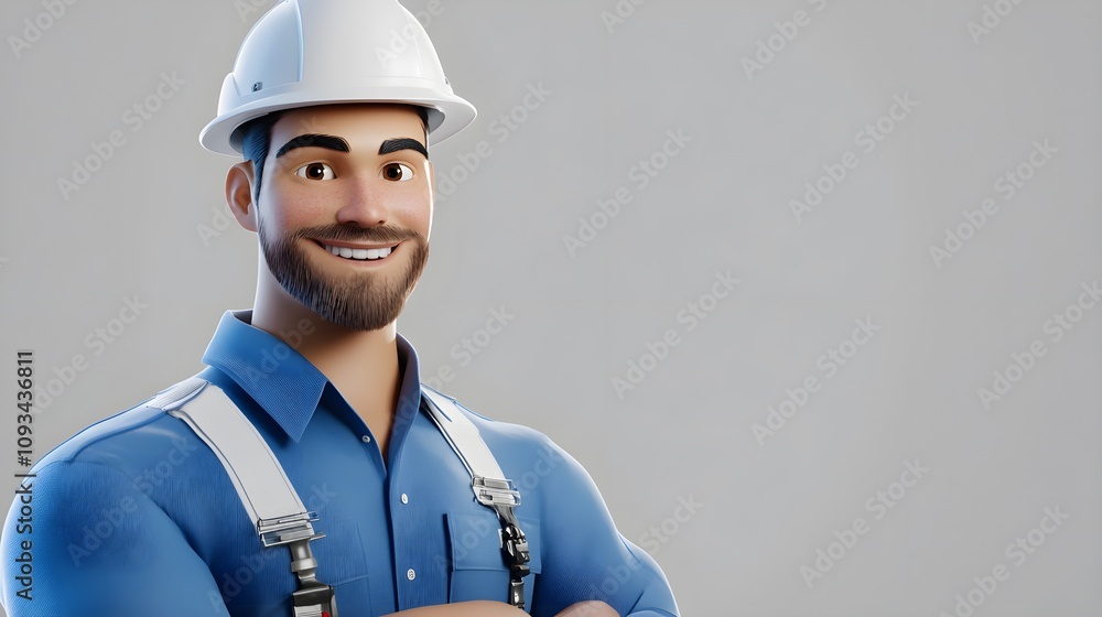 3D Cartoon Construction Worker with Hard Hat and Blue Shirt, Smiling Confidently, Ready for Work, Isolated on Gray Background, Professional Builder Illustration 3D Cartoon Construction Worker with Hard Hat and Blue Shirt, Smiling Confidently, Ready for Work, Isolated on Gray Background, Professional Builder Illustration