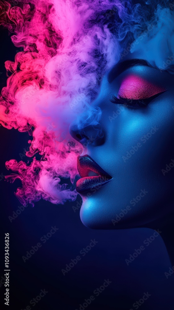 A striking portrait of a woman with vibrant makeup, surrounded by colorful smoke, creating a surreal and artistic atmosphere. A striking portrait of a woman with vibrant makeup, surrounded by colorful smoke, creating a surreal and artistic atmosphere.