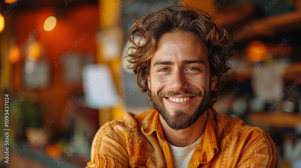 Smiling man with curly hair showcases warmth and joy in a cozy, vibrant cafe setting in the afternoon. Generative AI Smiling man with curly hair showcases warmth and joy in a cozy, vibrant cafe setting in the afternoon. Generative AI