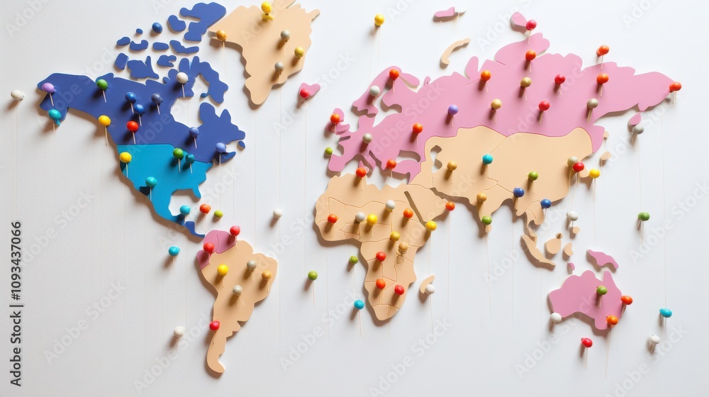 Fototapeta premium An intricate world map is adorned with colorful pins, highlighting travel destinations and routes.