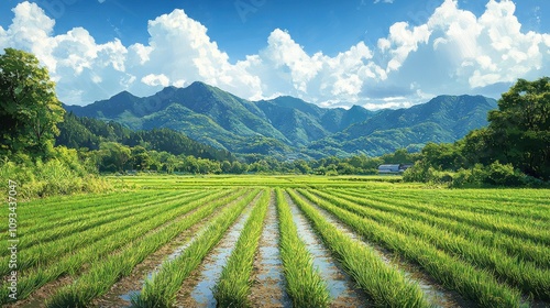 Lush Green Rice Fields Under a Vibrant Sky Surrounded by Majestic Mountains and Fluffy White Clouds in a Serene Natural Landscape