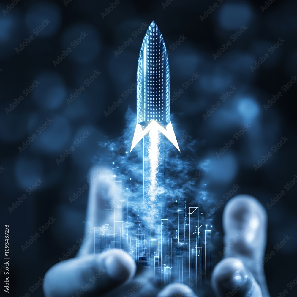 Businessman Touching Rocket Launch with Upward Arrow, Symbolizing ...