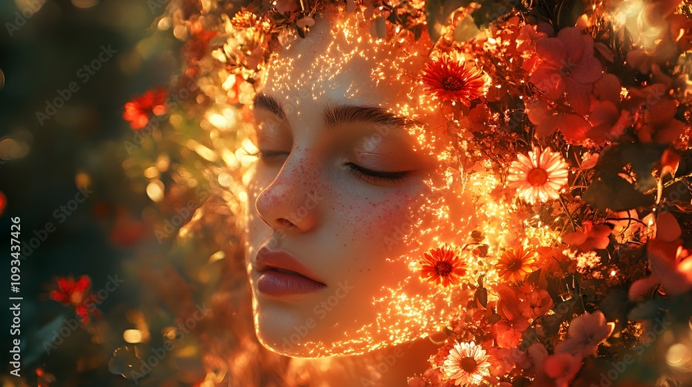 Ethereal portrait of a woman blending with vibrant flowers natural setting artistic photography dreamlike atmosphere close-up view Ethereal portrait of a woman blending with vibrant flowers natural setting artistic photography dreamlike atmosphere close-up view