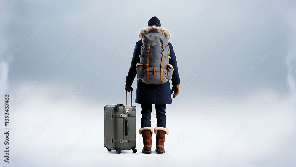 Rear view of a lone traveler with the faintest hint of mist or fog surrounding the figure to suggest a chilly winter morning. Rear view of a lone traveler with the faintest hint of mist or fog surrounding the figure to suggest a chilly winter morning.