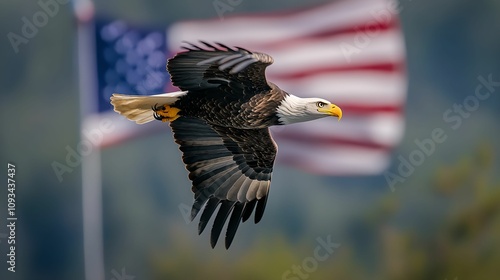 Bald Eagle in Flight with American Flag Background, bird, America, patriotic, wildlife