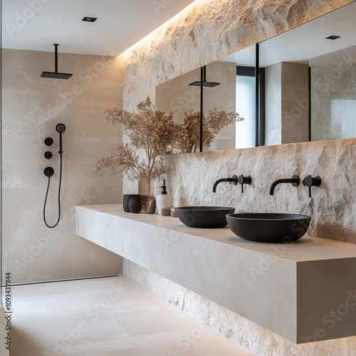 A modern bathroom with sleek matte black taps and fixtures, including a minimalist fauce photo