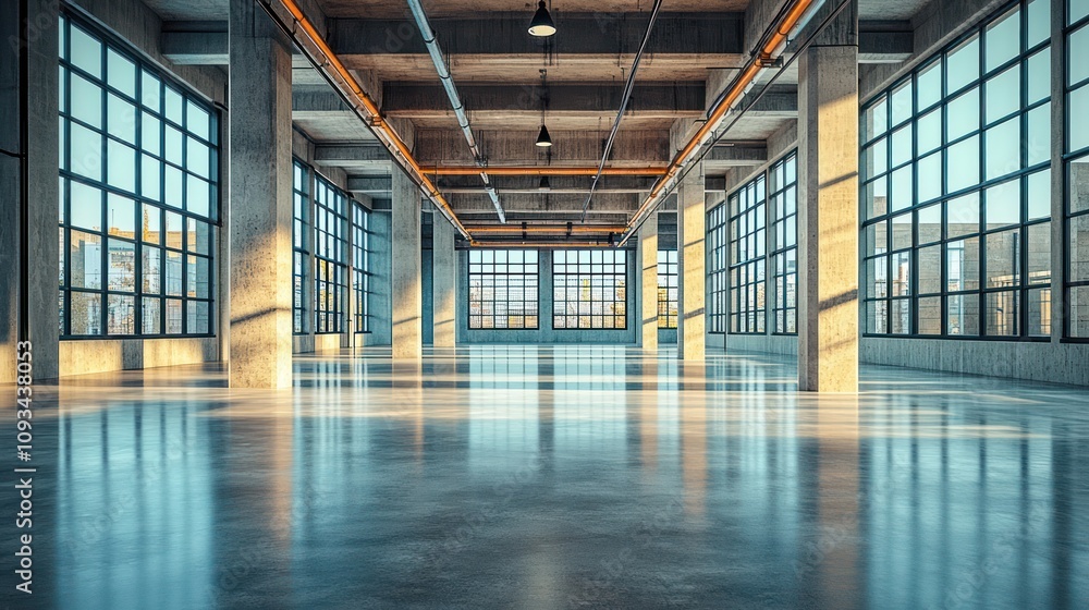 Empty industrial space with large windows and concrete floors. Empty industrial space with large windows and concrete floors.