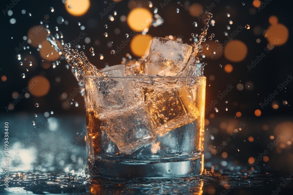 Ice Cubes Splashing in Whiskey Glass - Refreshing whiskey drink, ice cubes splashing, bokeh background, golden hour lighting, cool beverage. Ice Cubes Splashing in Whiskey Glass - Refreshing whiskey drink, ice cubes splashing, bokeh background, golden hour lighting, cool beverage.
