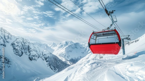 Cable car in the mountains on snow-covered slopes.