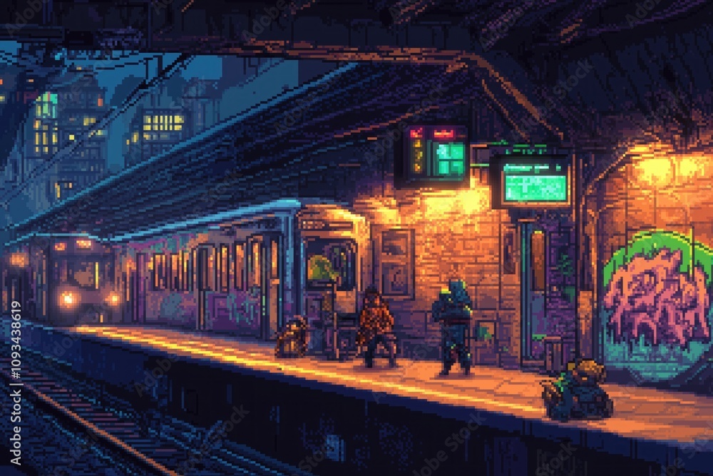 Obraz premium Pixel art subway station noisy with people boarding trains. Graffiti adorns walls. Glowing lights illuminate scene at night. Retro video game style. Characters wait for train. Night scene in urban