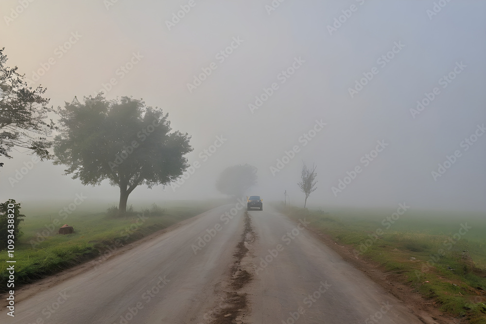 Car driving on a country road in foggy morning Car driving on a country road in foggy morning