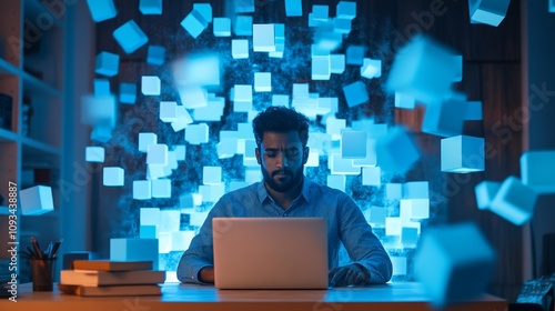 Indian Man Working on Laptop Amidst Data Cubes - Focused Indian man working on laptop, surrounded by glowing data cubes, symbolizing technology, innovation, progress, data analysis, and digital transf photo