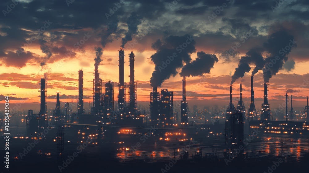 Industrial Sunset: Petrochemical Plant at Dusk - Industrial landscape, chemical plant, sunset, pollution, refinery. Symbolising industry, energy, production, environment, and progress. Industrial Sunset: Petrochemical Plant at Dusk - Industrial landscape, chemical plant, sunset, pollution, refinery. Symbolising industry, energy, production, environment, and progress.