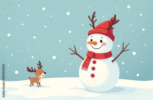 Snowman with Red Scarf and Hat, Cute Reindeer in Snow, Enjoying Winter, Cheerful, Festive Scene Illustration, Winter Holiday Concept