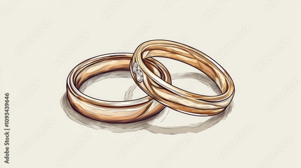 A hand-drawn illustration of two gold wedding rings. One ring has a diamond set on the band.