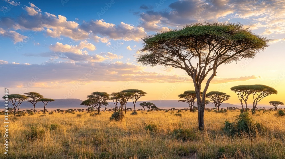 African Savanna Sunset Landscape With Acacia Trees African Savanna Sunset Landscape With Acacia Trees