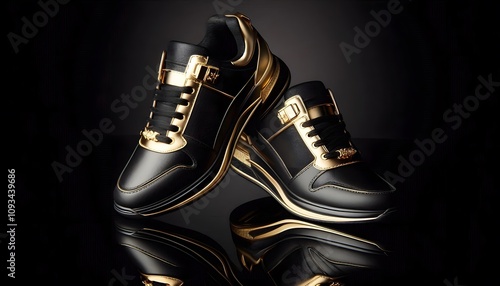 A pair of black and gold luxury sneakers with premium leather and suede accents. The shoes have sleek lines, a padded collar for comfort, and gold detailing on the heel and laces.