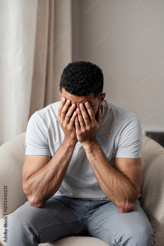 Man Sitting with Head in Hands, Feeling Stressed Man Sitting with Head in Hands, Feeling Stressed