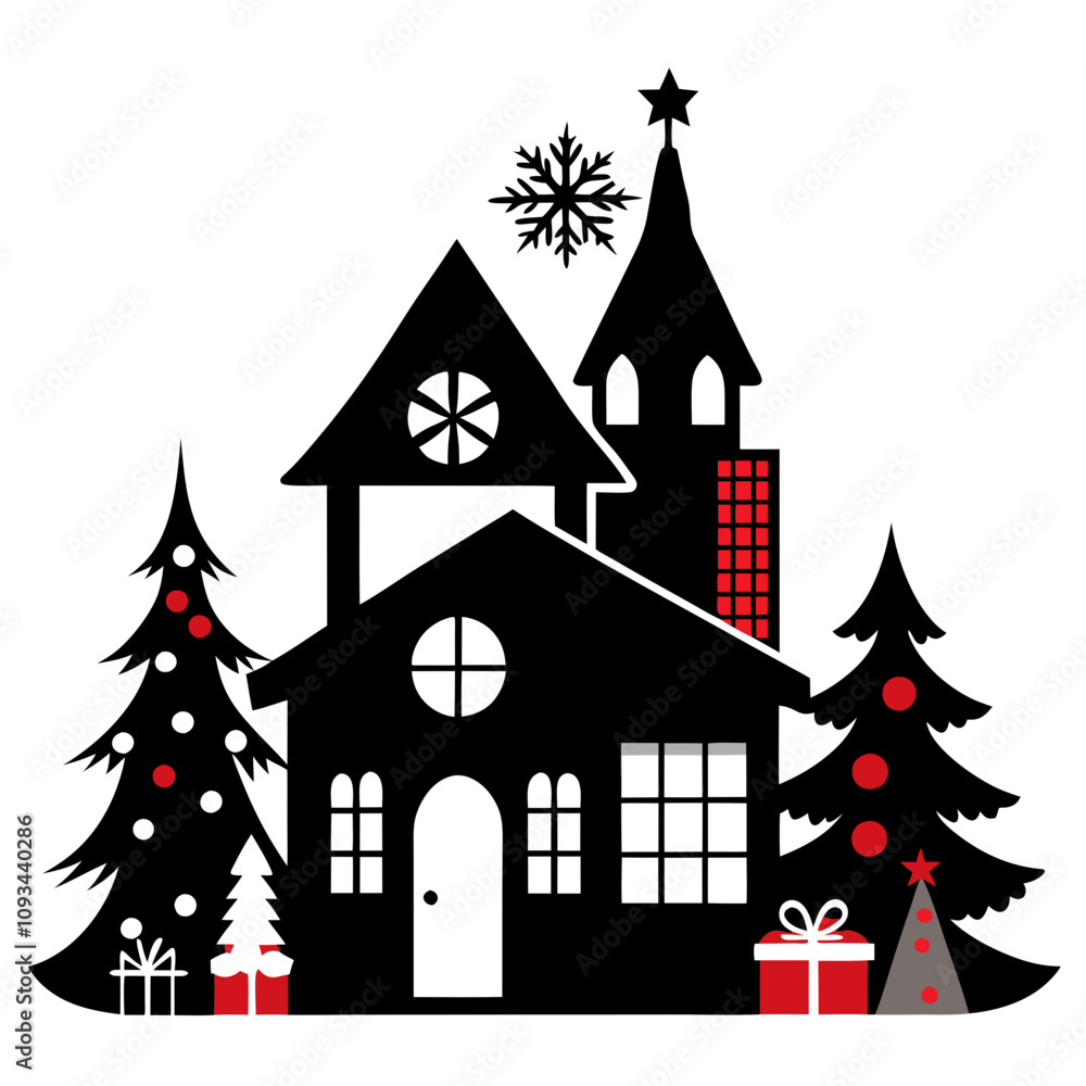 Christmas winter and house vector silhouette on white background Christmas winter and house vector silhouette on white background