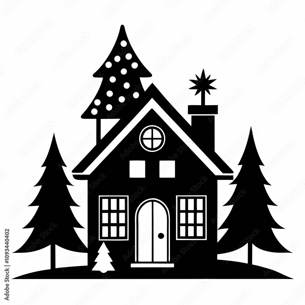 Naklejka premium Christmas winter and house vector silhouette on white background
