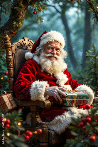  Santa Claus Holding a Wrapped Christmas Gift, Festive Holiday Scene