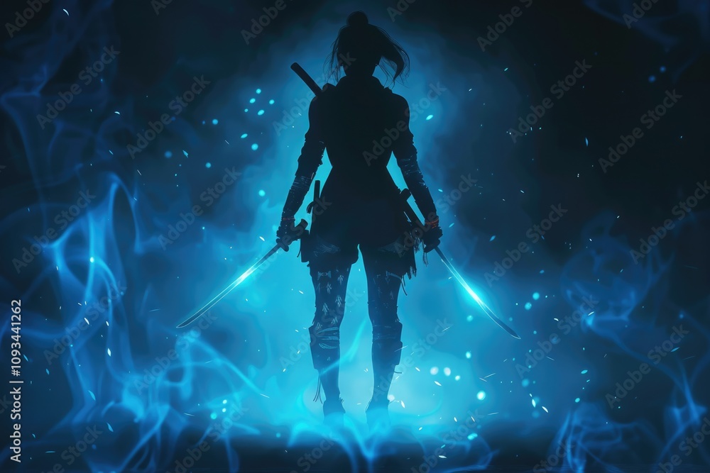 Silhouette Fantasy. Woman Warrior Assassin with Katana Swords in Futuristic Universe Silhouette Fantasy. Woman Warrior Assassin with Katana Swords in Futuristic Universe