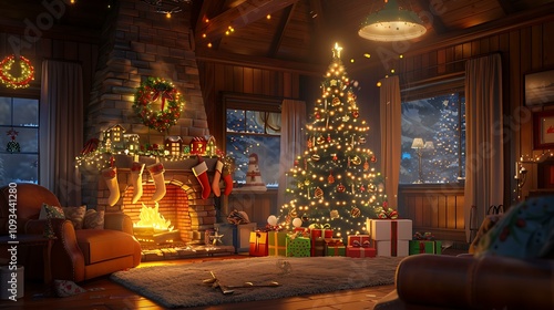 A cozy indoor scene featuring a decorated Christmas tree with gifts wrapped in festive paper beneath it, surrounded by a softly glowing fireplace and warm lighting