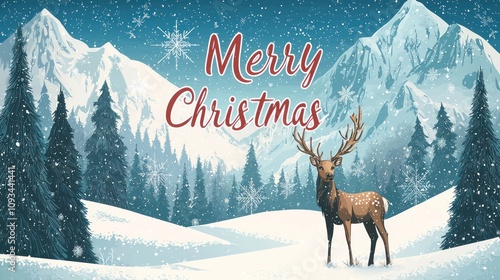 Scenic Happy Holidays design poster featuring snowy picturesque mountains, trees, snowflakes, and magical deer. Perfect for greeting postcards and 