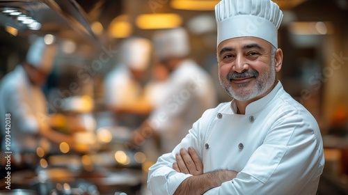 Smiling chef in a busy kitchen with staff preparing gourmet meals in the background. photo