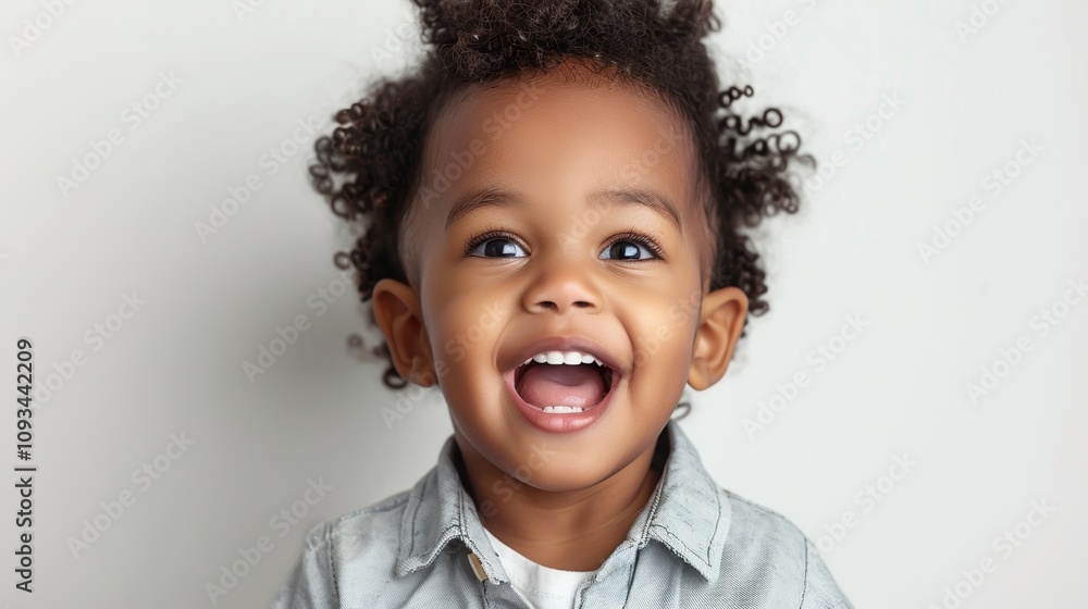 A young child with curly hair wearing a light-colored shirt and smiling widely showing their teeth. A young child with curly hair wearing a light-colored shirt and smiling widely showing their teeth.