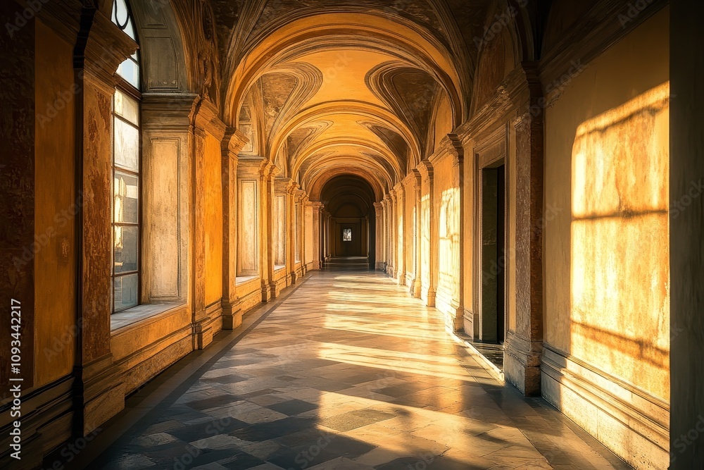 Fototapeta premium Light in the Corridor: A Golden Passage - Sunlit architectural corridor, historical building, arches, sunlight, elegance, peaceful atmosphere.